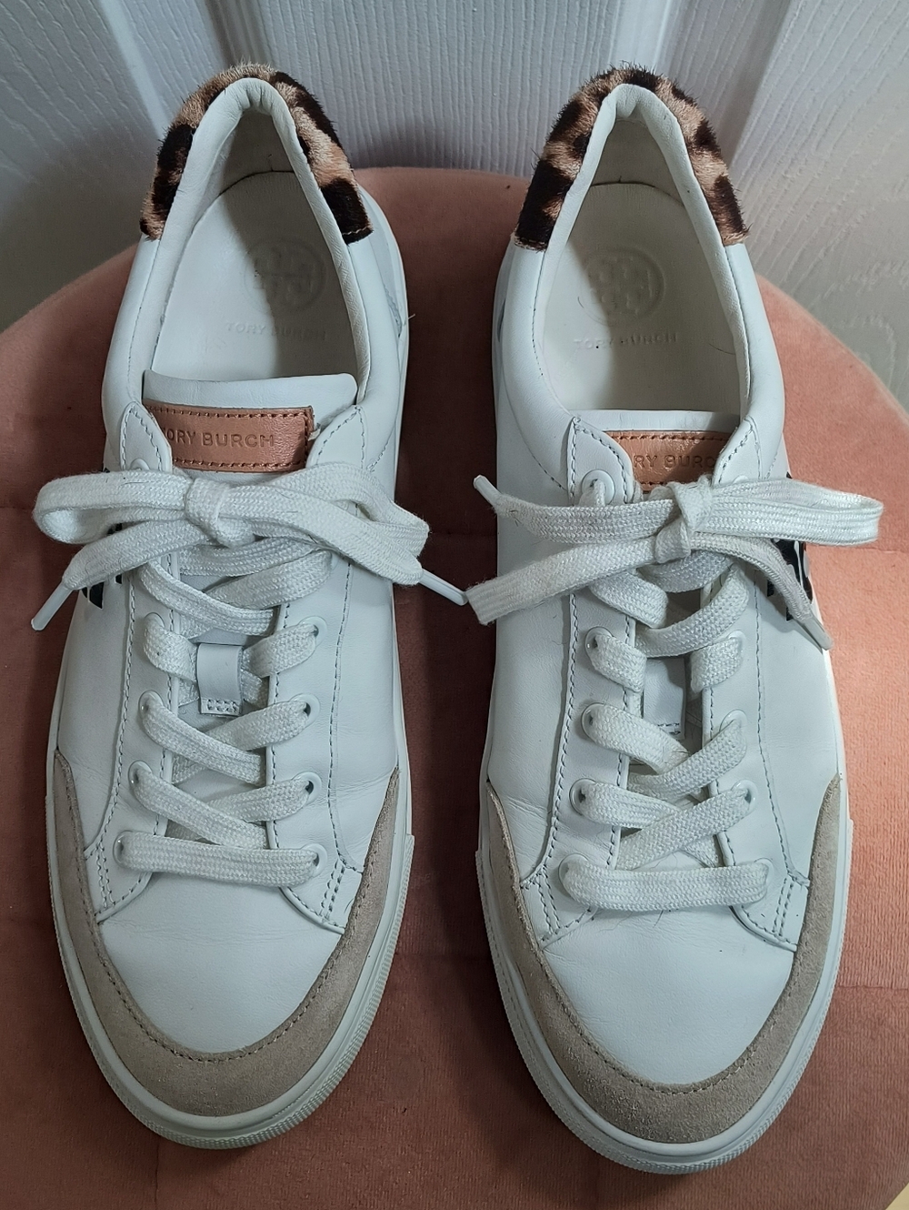 Tory Burch Andrea White Leather Sneaker Leopard Cheetah Print Size 8 - Picture 3 of 8